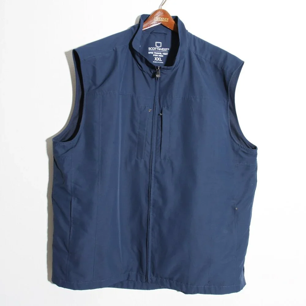 ScotteVest RFID Travel Vest Men's Navy Blue Pockets Full Zip Size XXL